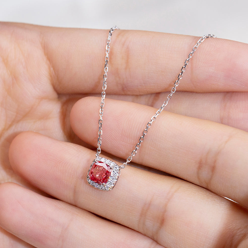 0.727ct Fancy Red Cushion Cut Lab Grown Diamond Necklace – 9K White Gold with Diamond Halo