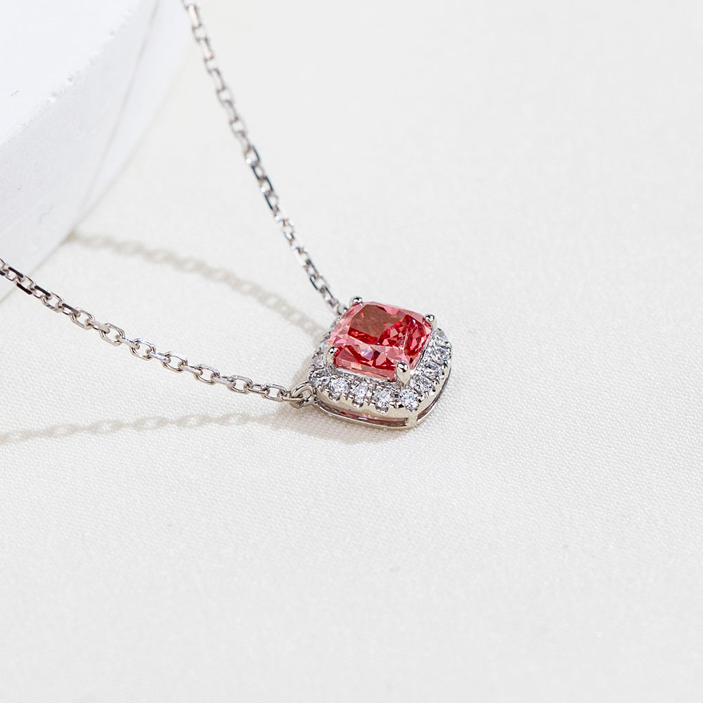 0.727ct Fancy Red Cushion Cut Lab Grown Diamond Necklace – 9K White Gold with Diamond Halo