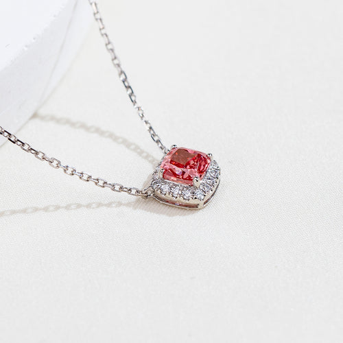 0.727ct Fancy Red Cushion Cut Lab Grown Diamond Necklace – 9K White Gold with Diamond Halo