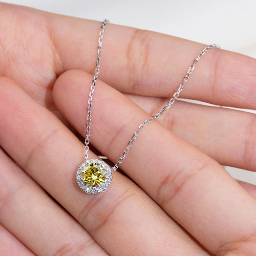 0.442ct Fancy Yellow Round Cut Lab Grown Diamond Necklace – 9K White Gold