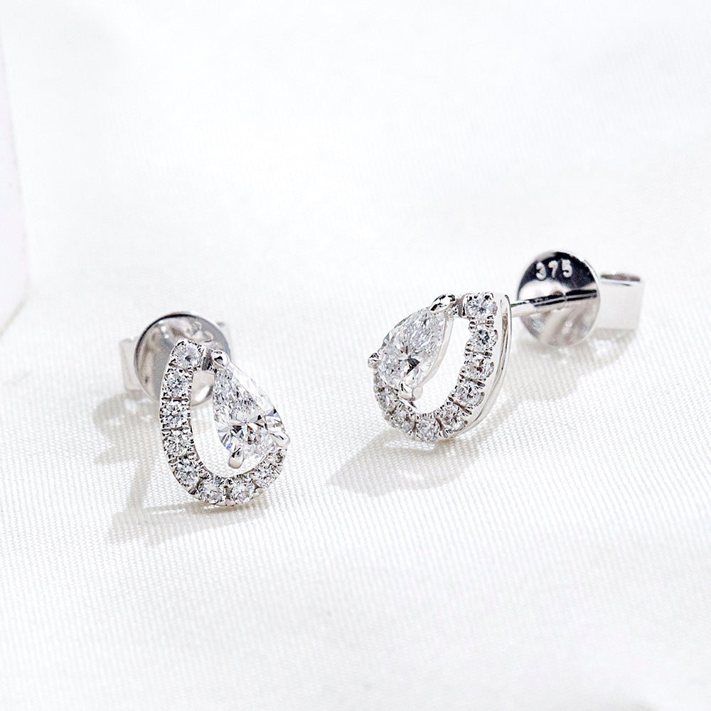 9K White Gold Lab-Grown Diamond Pear Cut Stud Earrings | Open Teardrop Diamond Halo Earrings for Women