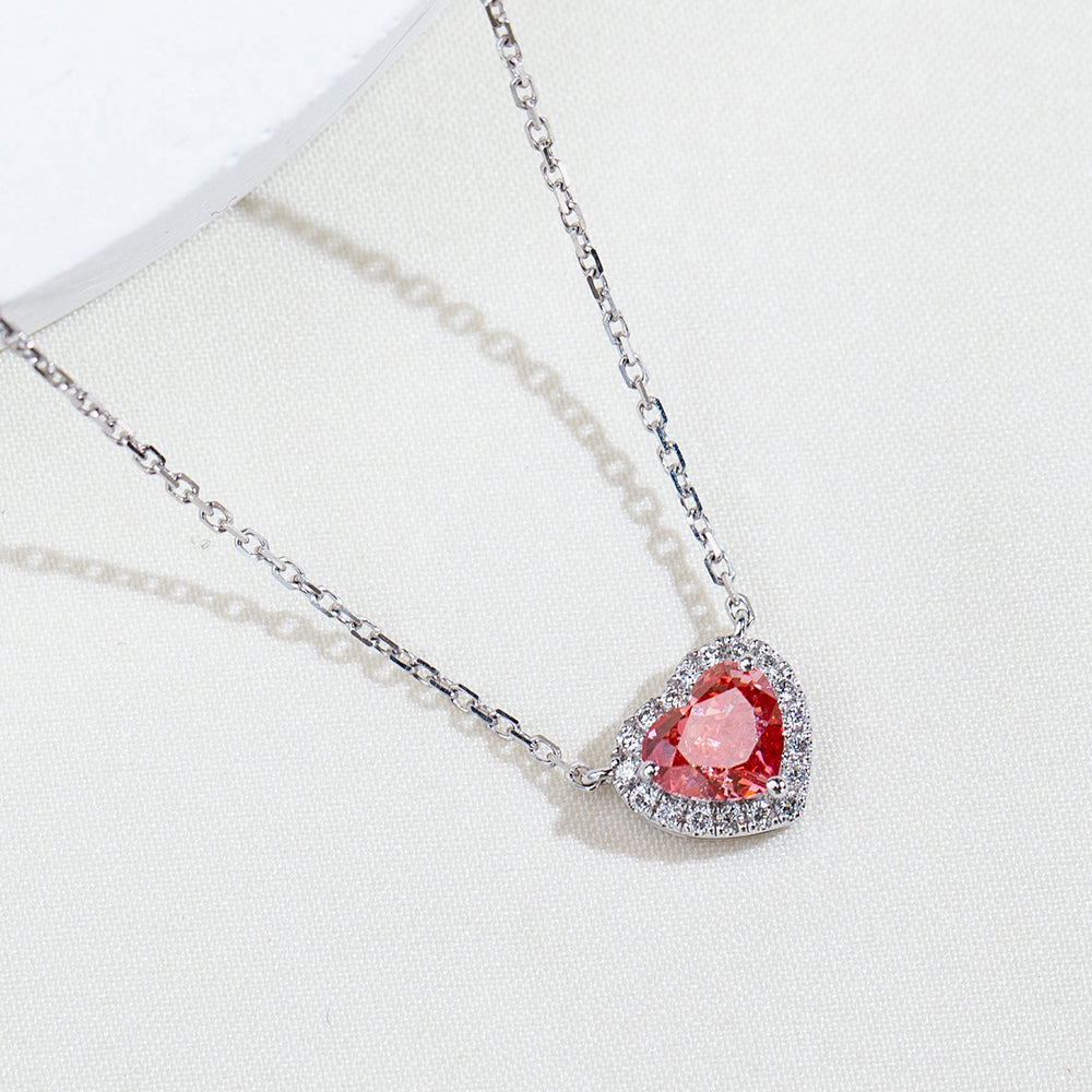0.778ct Fancy Red Heart Cut Lab Grown Diamond Necklace – 9K White Gold with Diamond Halo