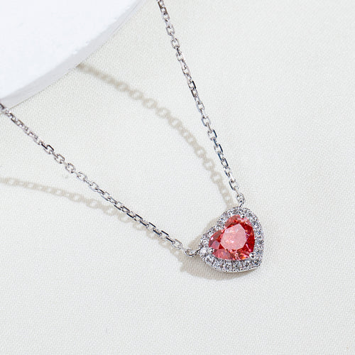 0.778ct Fancy Red Heart Cut Lab Grown Diamond Necklace – 9K White Gold with Diamond Halo