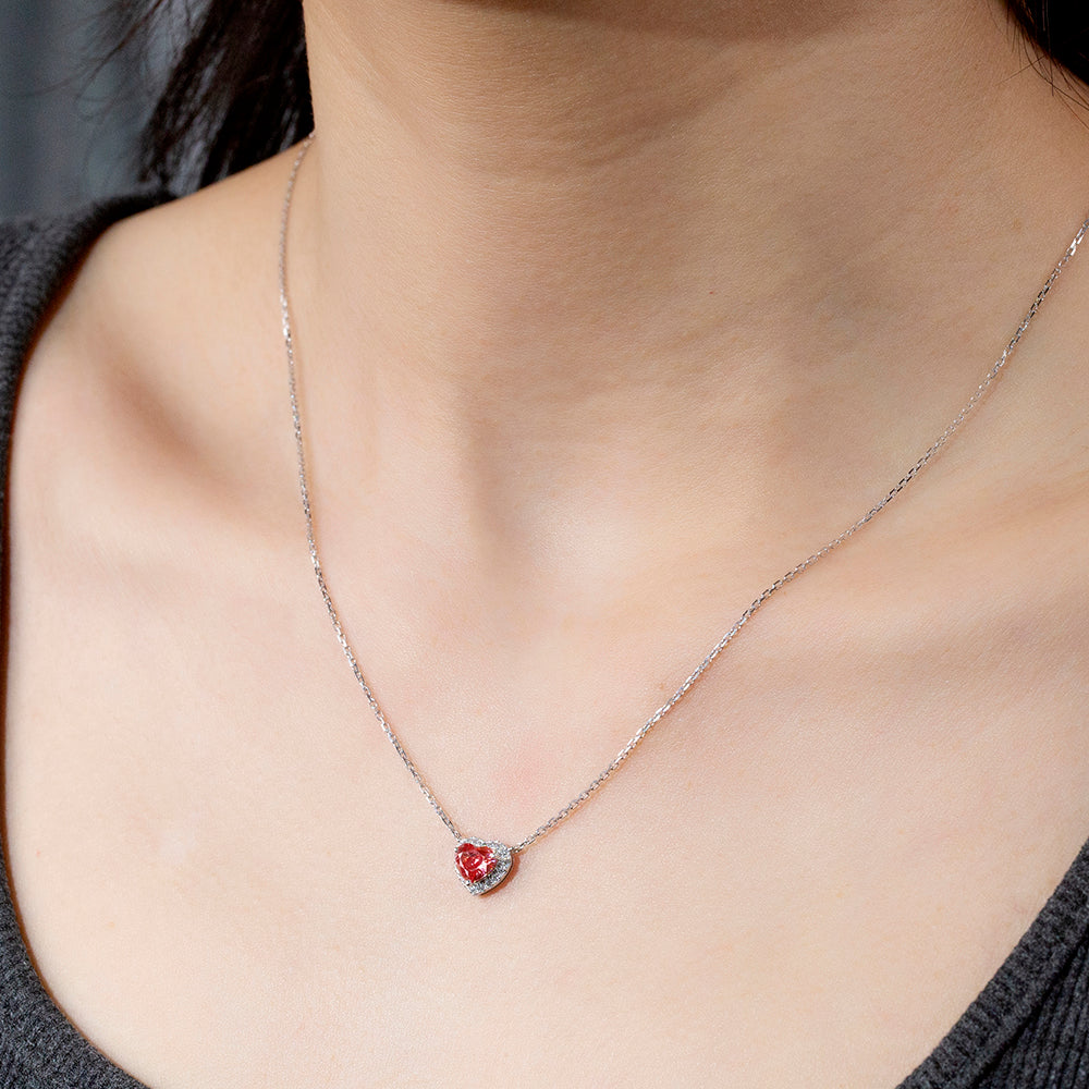 0.778ct Fancy Red Heart Cut Lab Grown Diamond Necklace – 9K White Gold with Diamond Halo