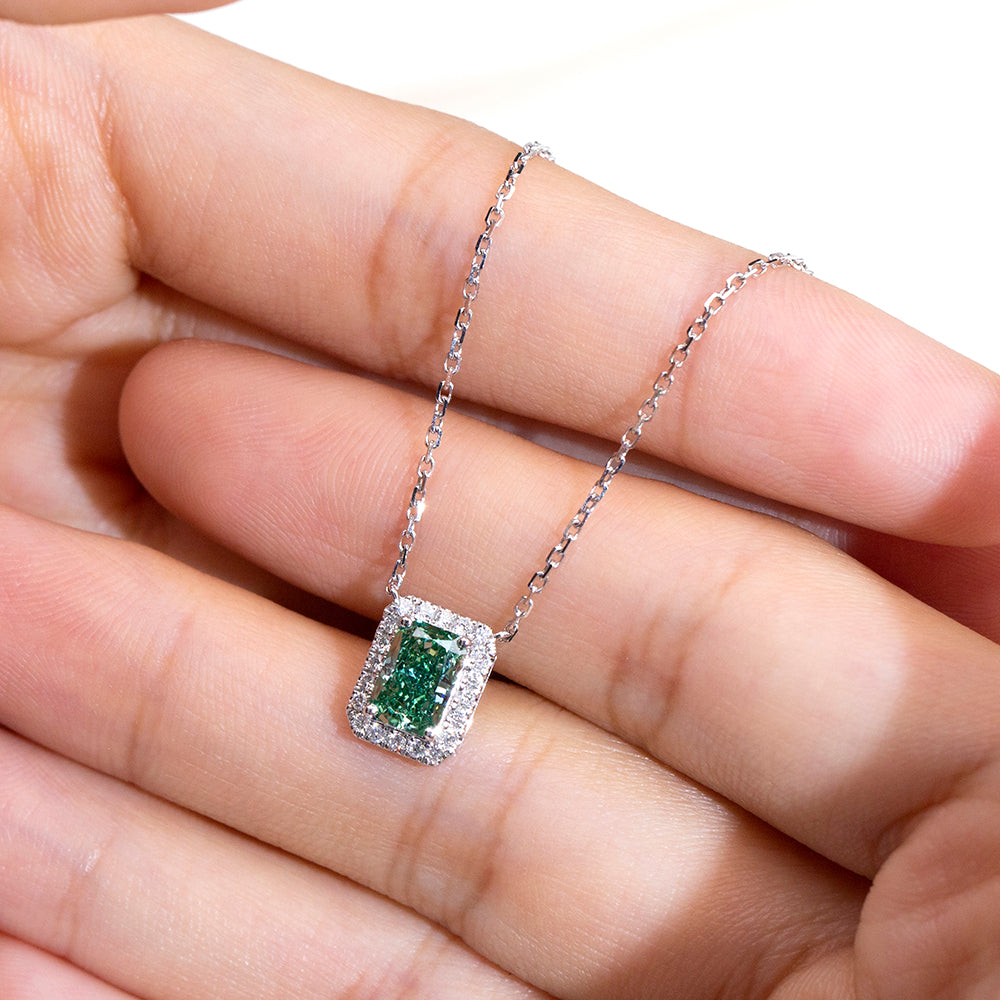 0.669ct Fancy Green Radiant Cut Lab Grown Diamond Necklace – 9K White Gold with Diamond Halo