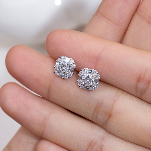 0.5ctw Round & Baguette Mosaic Halo Stud Earrings in 9K White Gold