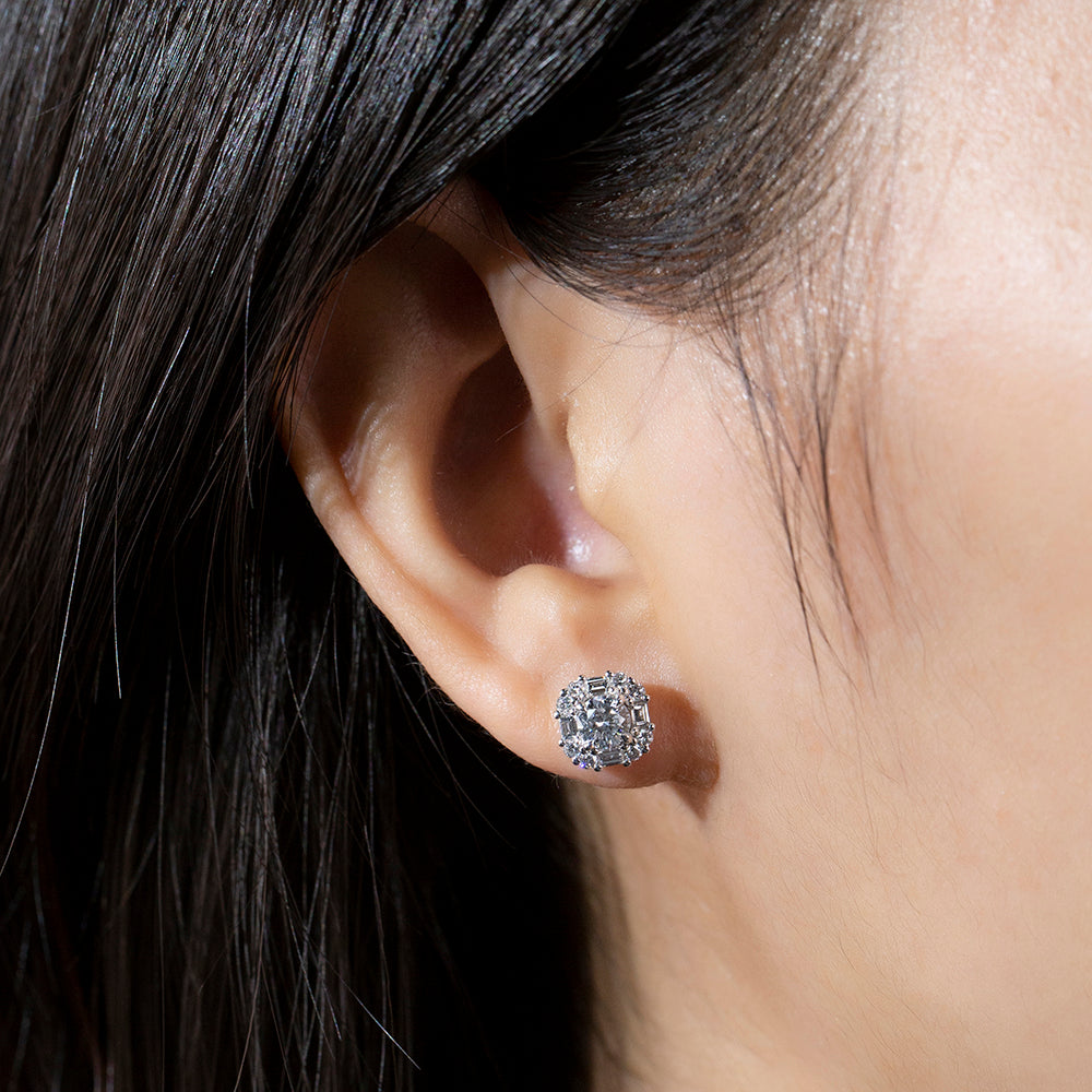 0.5ctw Round & Baguette Mosaic Halo Stud Earrings in 9K White Gold