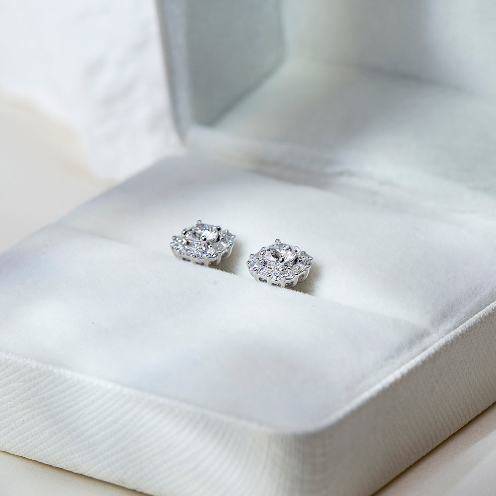 0.5ctw Round & Baguette Mosaic Halo Stud Earrings in 9K White Gold