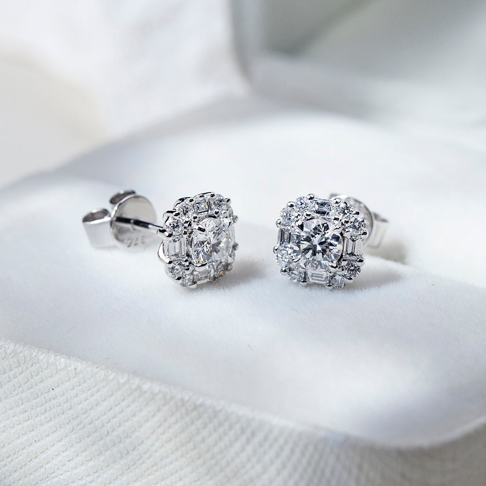0.5ctw Round & Baguette Mosaic Halo Stud Earrings in 9K White Gold