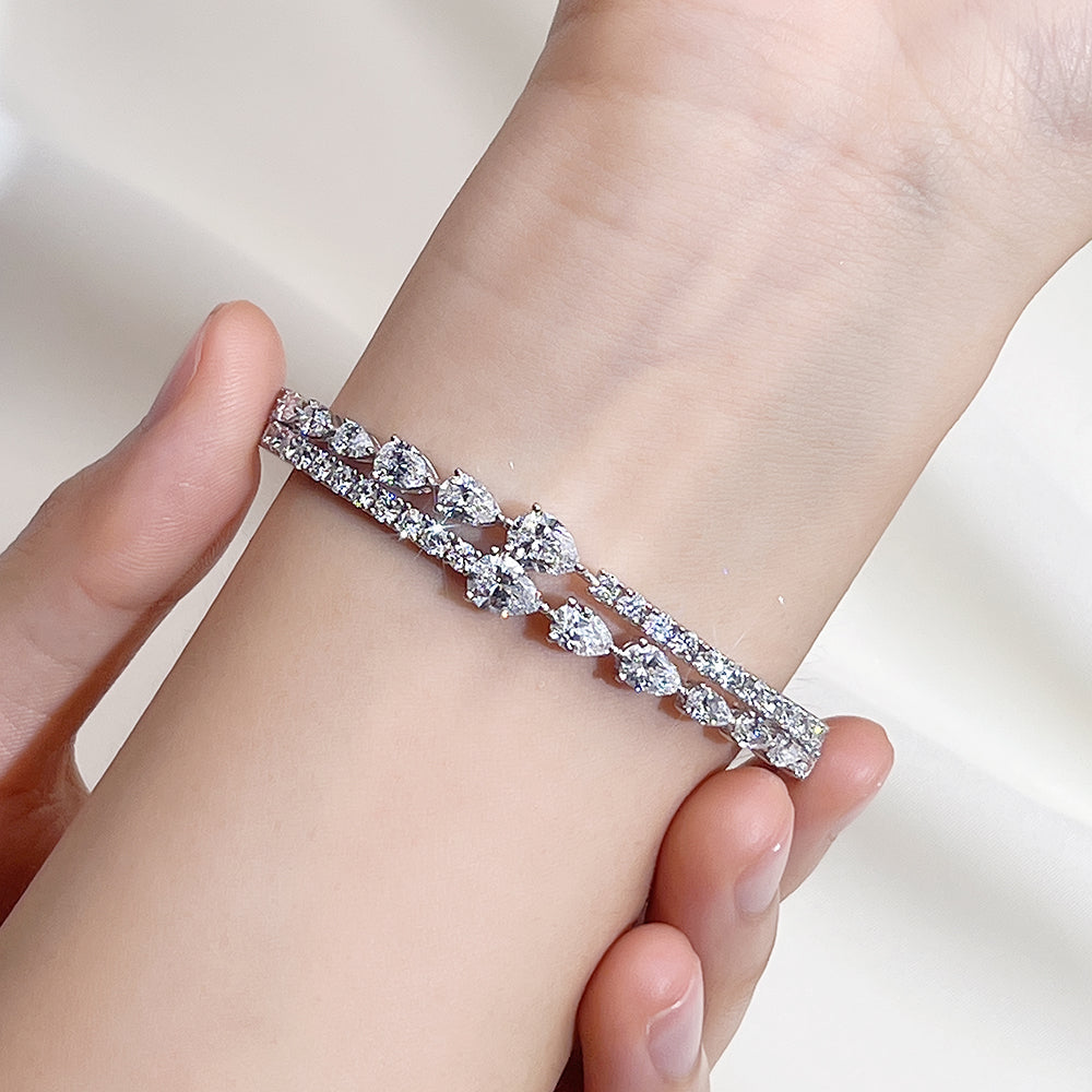 Multi-Shape Pear & Round Diamond Open Cuff Bangle in 9K White Gold
