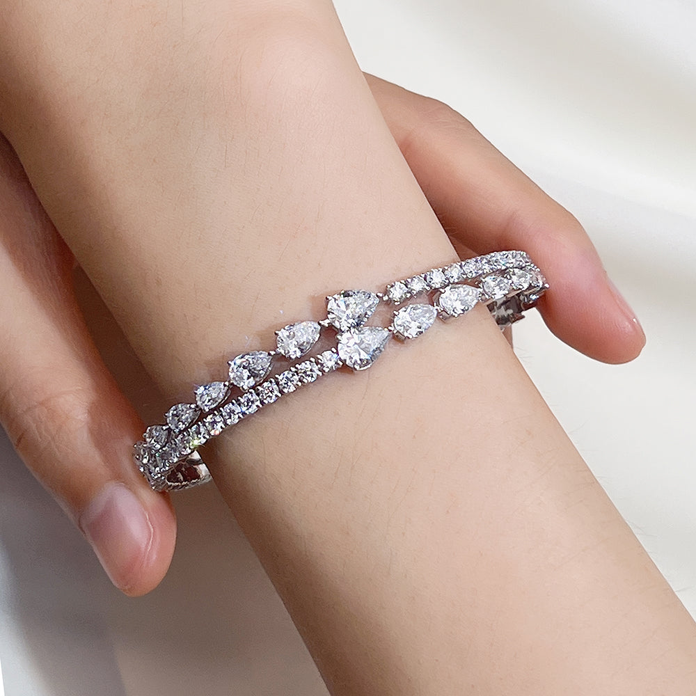 Multi-Shape Pear & Round Diamond Open Cuff Bangle in 9K White Gold