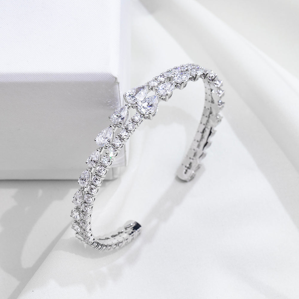 Multi-Shape Pear & Round Diamond Open Cuff Bangle in 9K White Gold