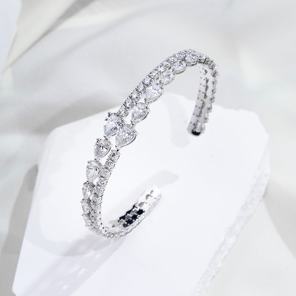 Multi-Shape Pear & Round Diamond Open Cuff Bangle in 9K White Gold