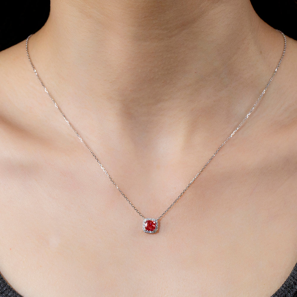 0.727ct Fancy Red Cushion Cut Lab Grown Diamond Necklace – 9K White Gold with Diamond Halo