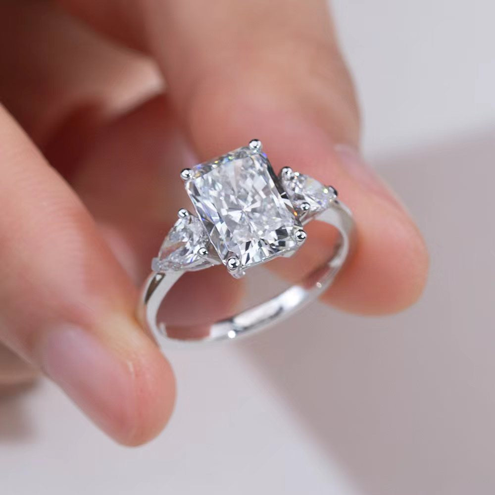 18K Wihite Gold Radiant & Trillion-Cut Three-Stone Diamond Engagement Ring