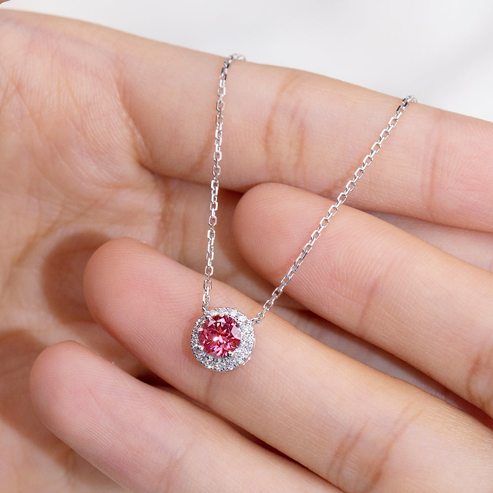 0.622ct Round Lab Ruby Diamond Halo Necklace – 9K White Gold