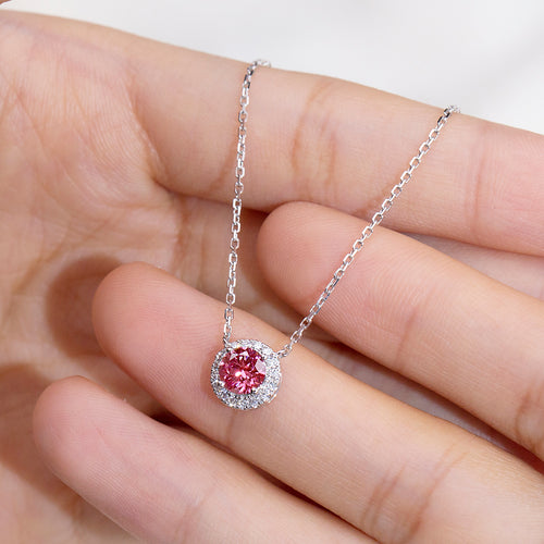 0.622ct Round Lab Ruby Diamond Halo Necklace – 9K White Gold