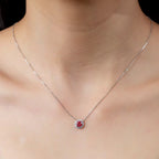 0.622ct Round Lab Ruby Diamond Halo Necklace – 9K White Gold