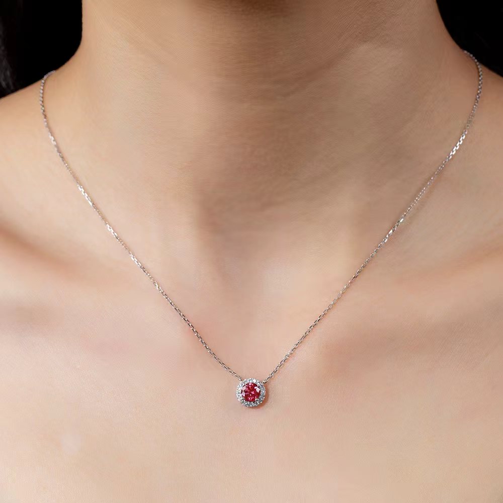 0.622ct Round Lab Ruby Diamond Halo Necklace – 9K White Gold
