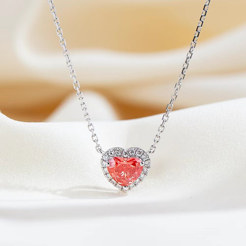 0.778ct Fancy Red Heart Cut Lab Grown Diamond Necklace – 9K White Gold with Diamond Halo