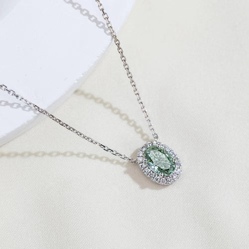 0.823ct Fancy Green Radiant Cut Lab Grown Diamond Necklace – 9K White Gold with Diamond Halo