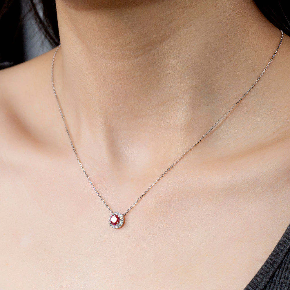 0.622ct Round Lab Ruby Diamond Halo Necklace – 9K White Gold