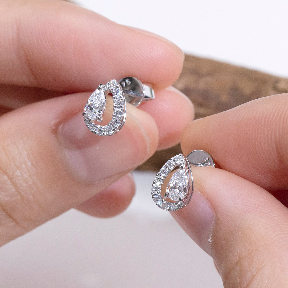 9K White Gold Lab-Grown Diamond Pear Cut Stud Earrings | Open Teardrop Diamond Halo Earrings for Women