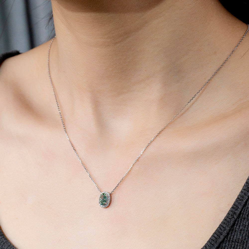 0.823ct Fancy Green Radiant Cut Lab Grown Diamond Necklace – 9K White Gold with Diamond Halo
