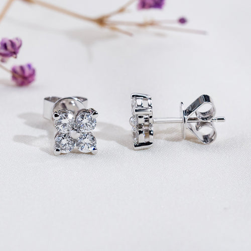 9K White Gold Lab-Grown Diamond Clover Stud Earrings | Four-Stone Flower Cluster Diamond Earrings