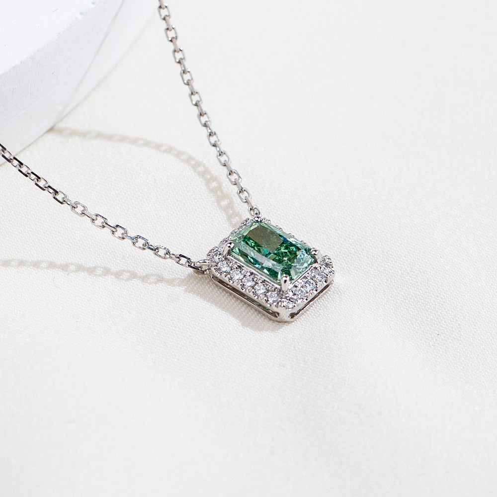 0.669ct Fancy Green Radiant Cut Lab Grown Diamond Necklace – 9K White Gold with Diamond Halo