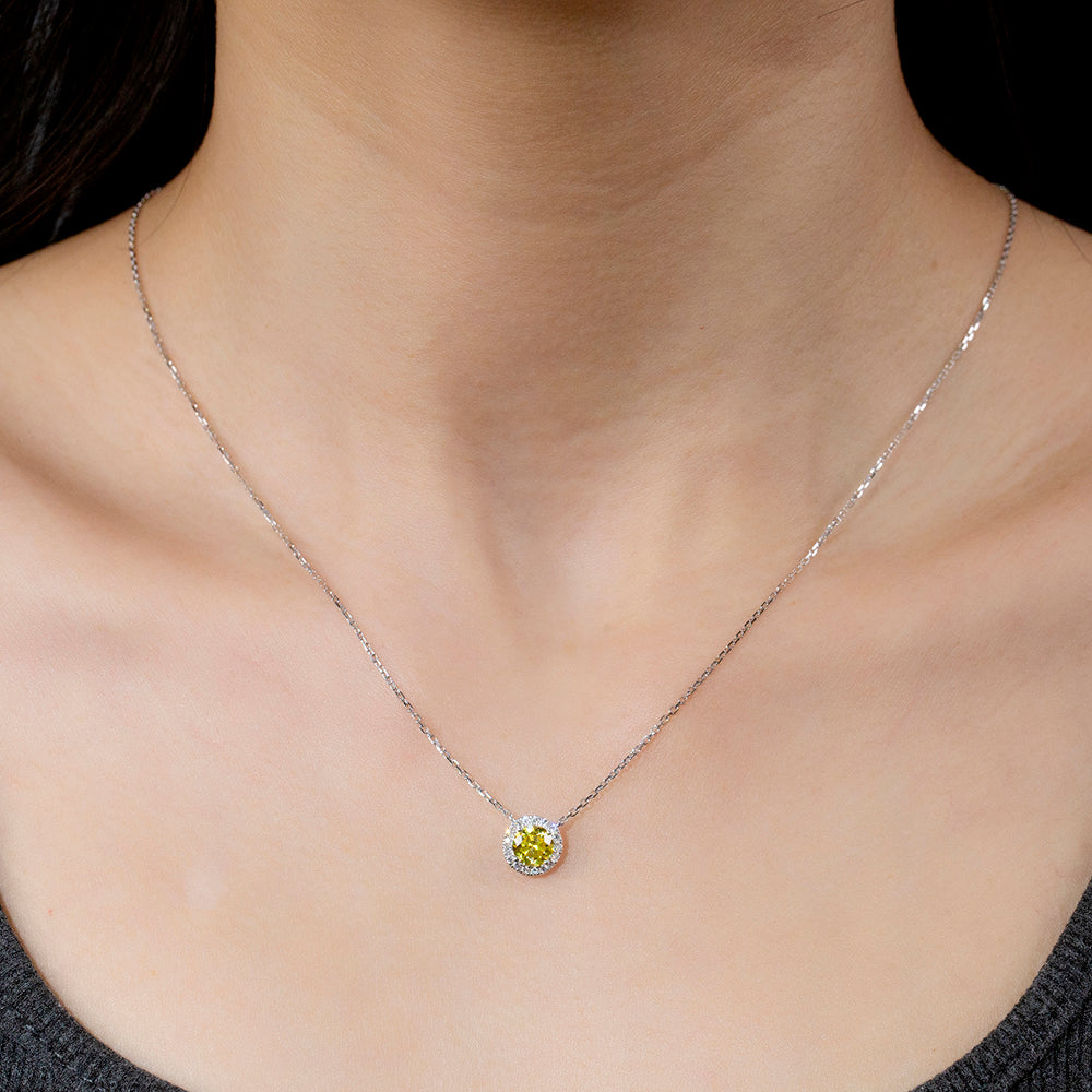 0.442ct Fancy Yellow Round Cut Lab Grown Diamond Necklace – 9K White Gold