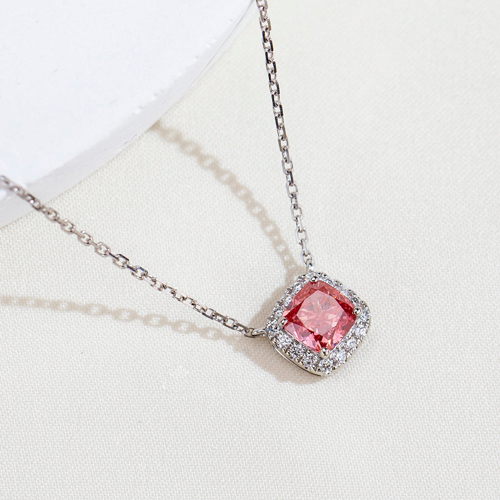 0.727ct Fancy Red Cushion Cut Lab Grown Diamond Necklace – 9K White Gold with Diamond Halo