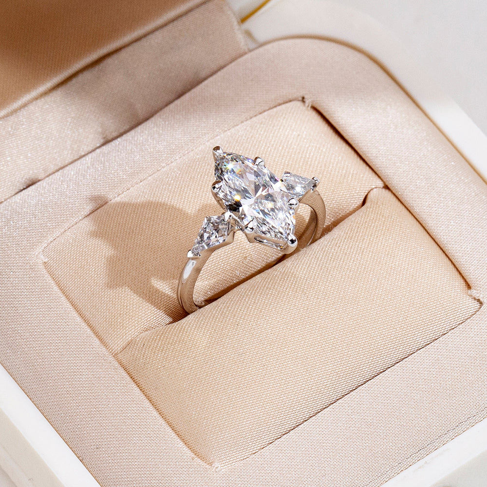 Elegant Marquise & Trillion Cut Three-Stone Diamond Ring 18K White Gold 1ct