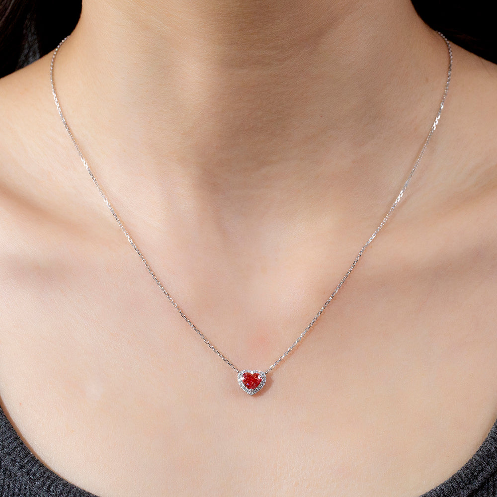 0.778ct Fancy Red Heart Cut Lab Grown Diamond Necklace – 9K White Gold with Diamond Halo
