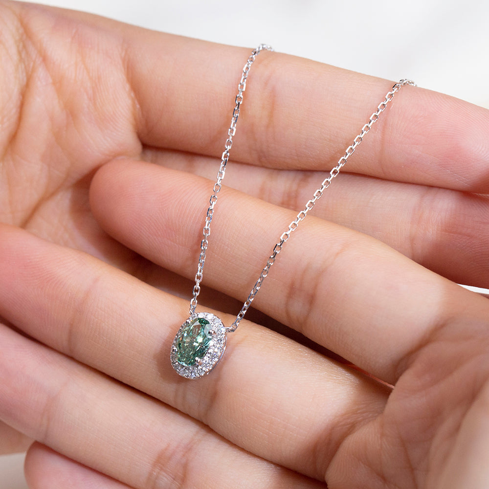 0.823ct Fancy Green Radiant Cut Lab Grown Diamond Necklace – 9K White Gold with Diamond Halo
