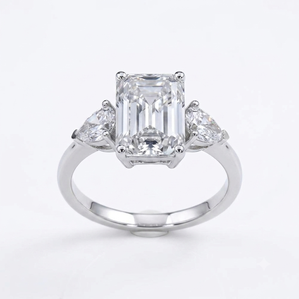 18K Wihite Gold Radiant & Trillion-Cut Three-Stone Diamond Engagement Ring