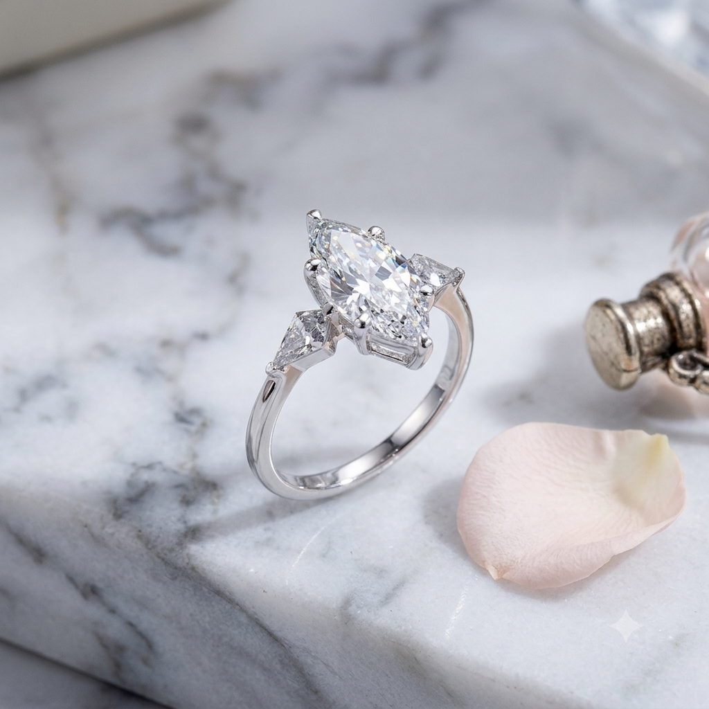 Elegant Marquise & Trillion Cut Three-Stone Diamond Ring 18K White Gold 1ct