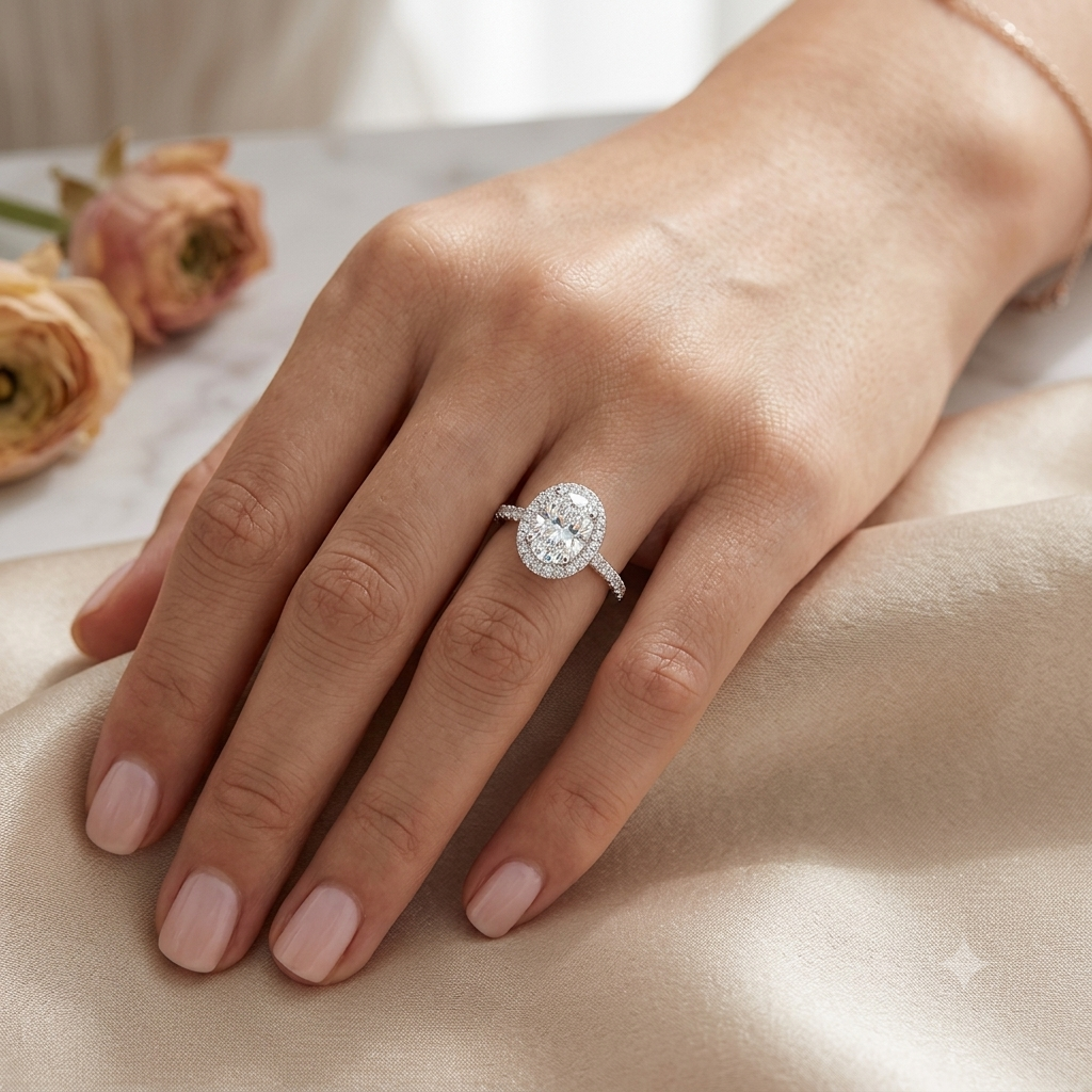 18K White Gold Oval Cut Diamond Halo Engagement Ring