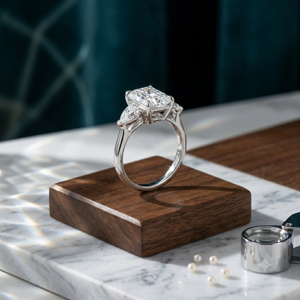 18K Wihite Gold Radiant & Trillion-Cut Three-Stone Diamond Engagement Ring