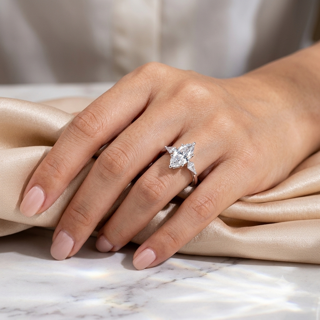 Elegant Marquise & Trillion Cut Three-Stone Diamond Ring 18K White Gold 1ct