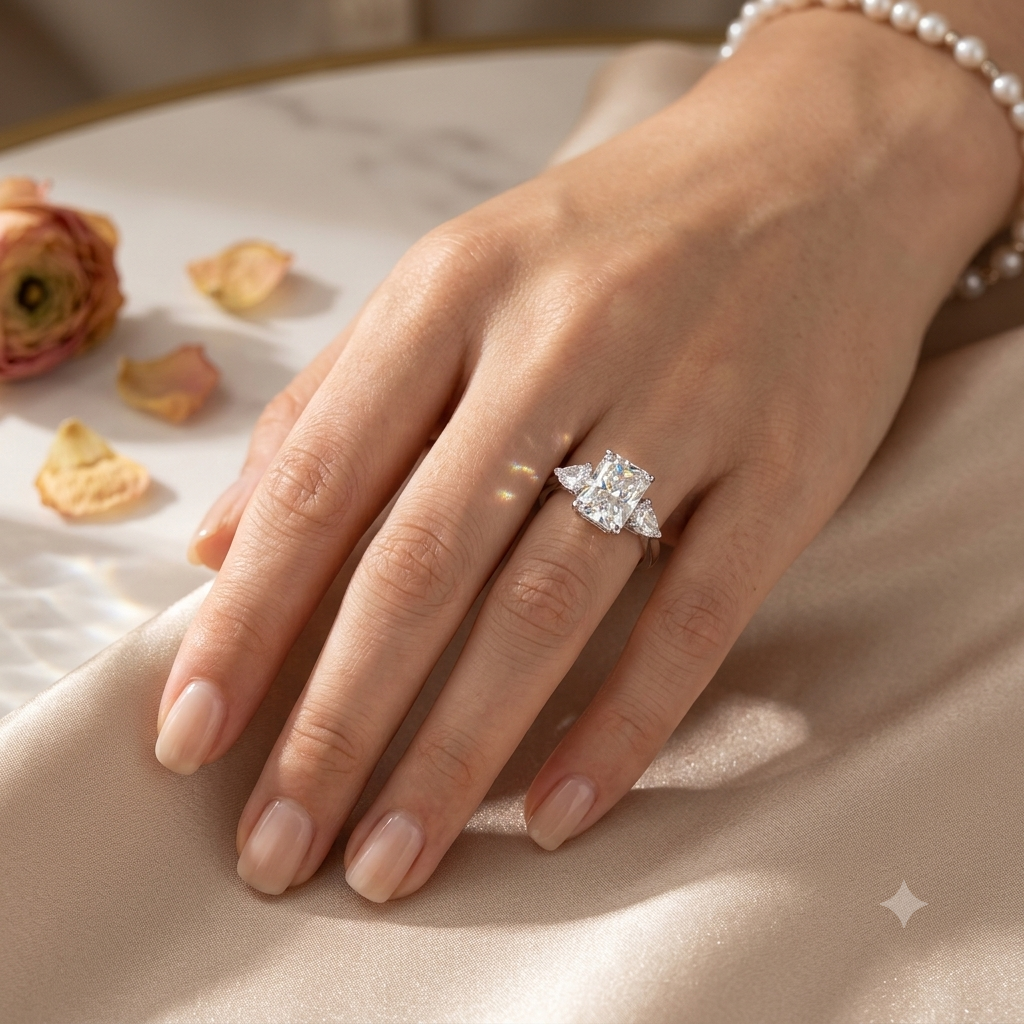18K Wihite Gold Radiant & Trillion-Cut Three-Stone Diamond Engagement Ring