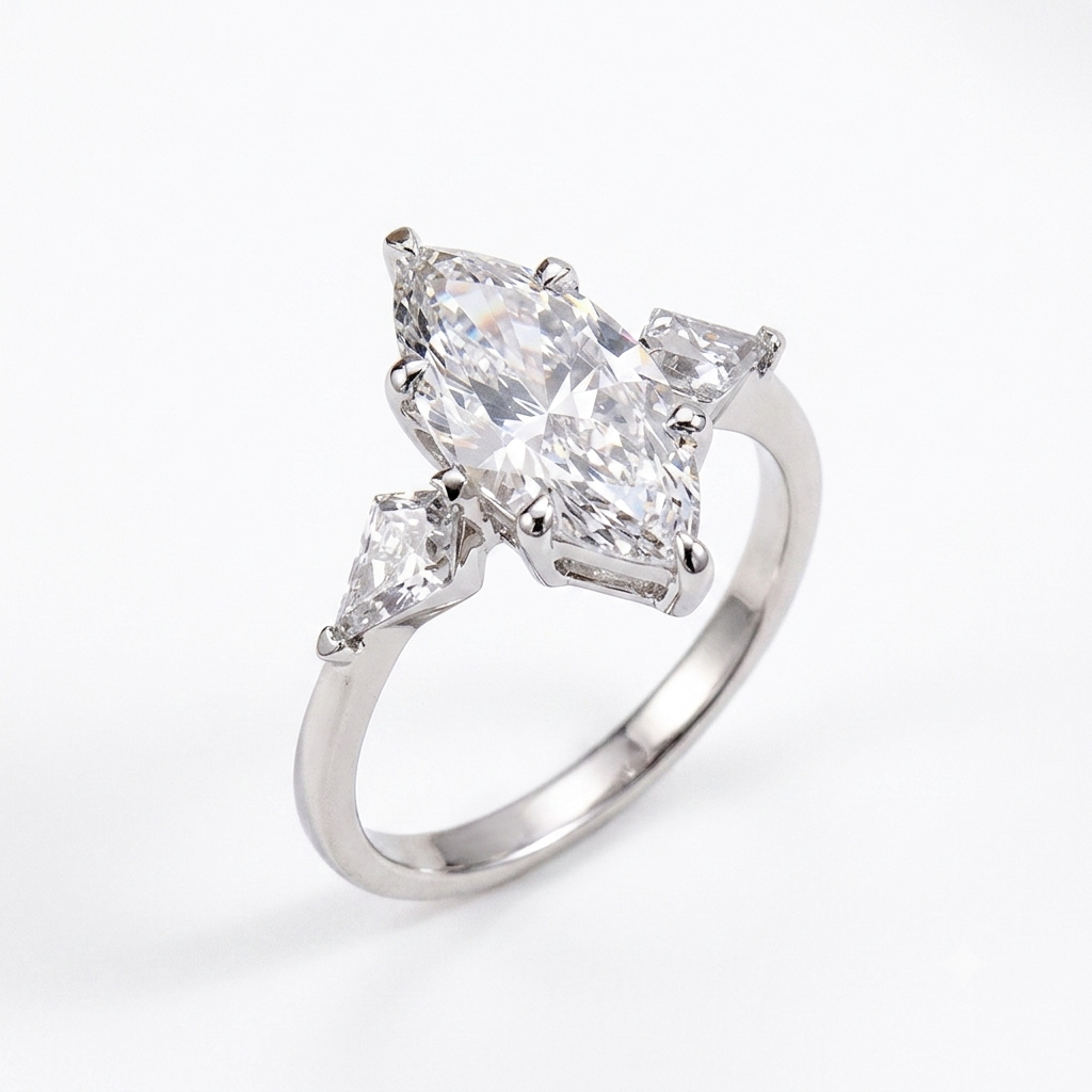 Elegant Marquise & Trillion Cut Three-Stone Diamond Ring 18K White Gold 1ct