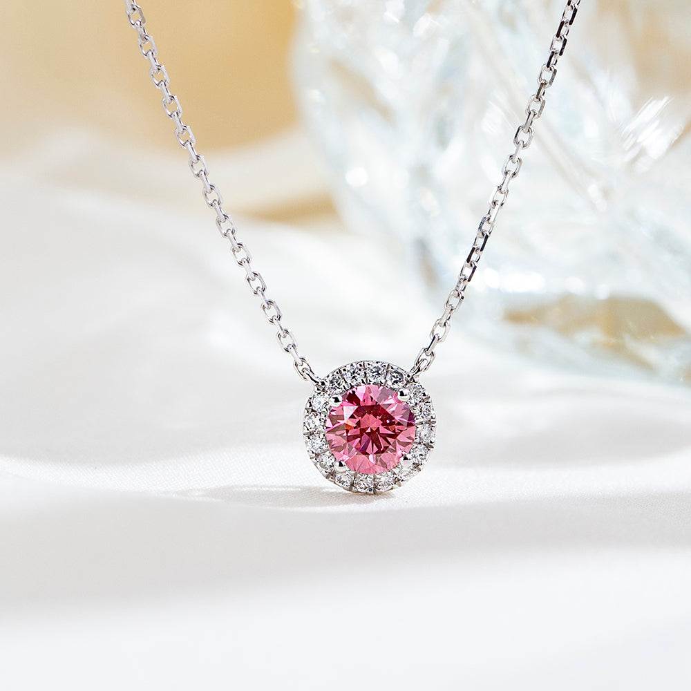 0.622ct Round Lab Ruby Diamond Halo Necklace – 9K White Gold