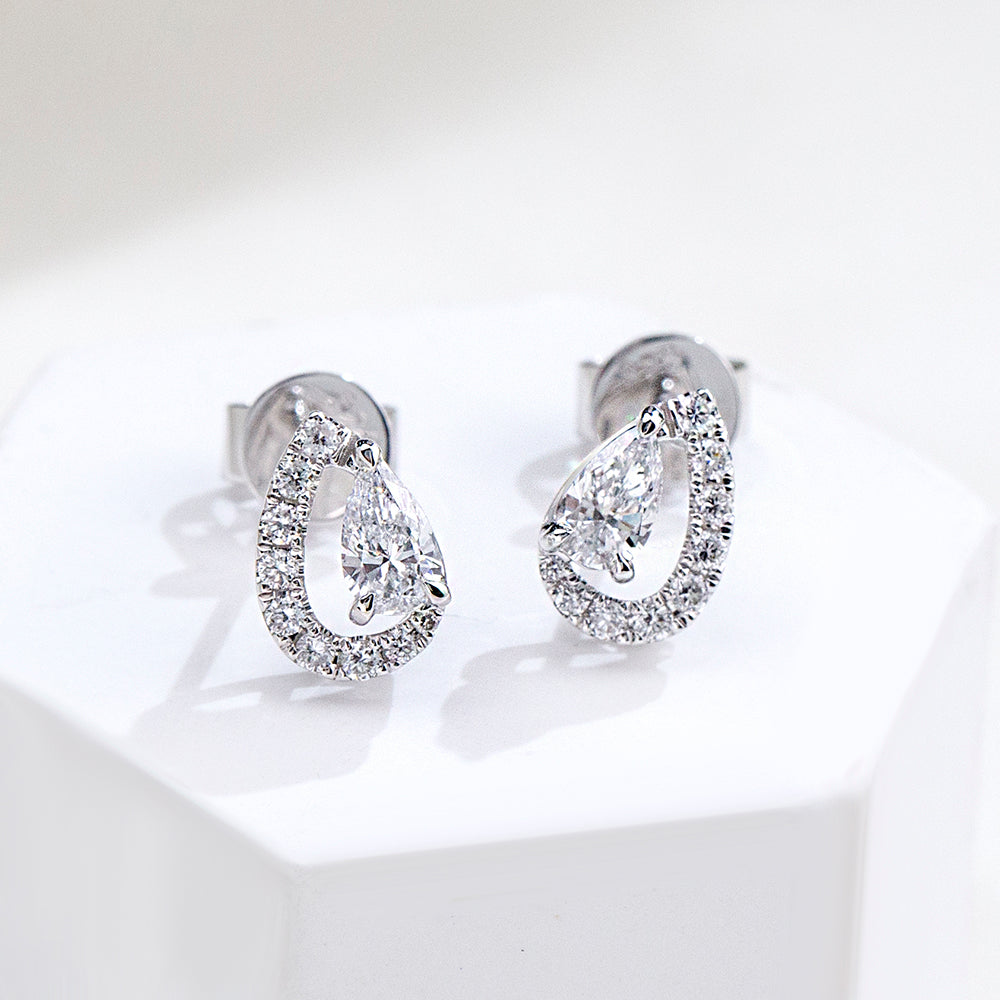 9K White Gold Lab-Grown Diamond Pear Cut Stud Earrings | Open Teardrop Diamond Halo Earrings for Women