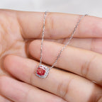 0.727ct Fancy Red Cushion Cut Lab Grown Diamond Necklace – 9K White Gold with Diamond Halo