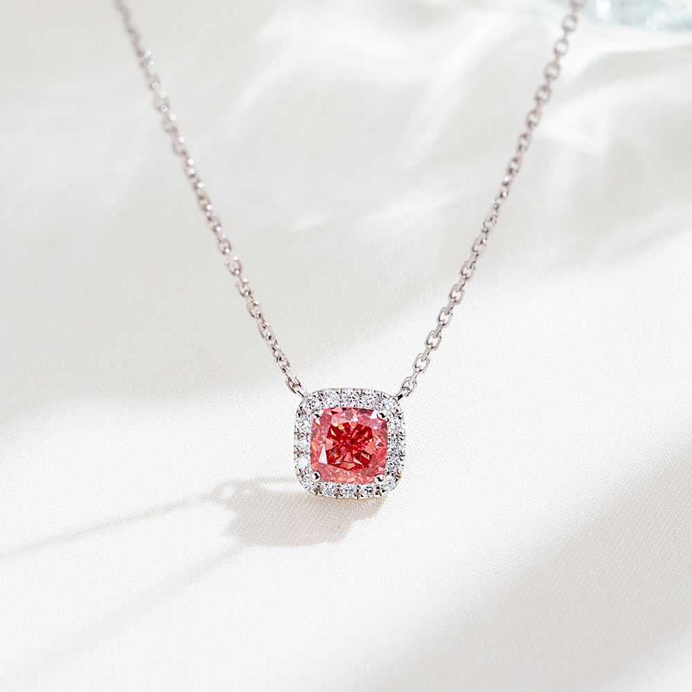 0.727ct Fancy Red Cushion Cut Lab Grown Diamond Necklace – 9K White Gold with Diamond Halo