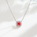 0.727ct Fancy Red Cushion Cut Lab Grown Diamond Necklace – 9K White Gold with Diamond Halo