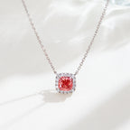 0.727ct Fancy Red Cushion Cut Lab Grown Diamond Necklace – 9K White Gold with Diamond Halo