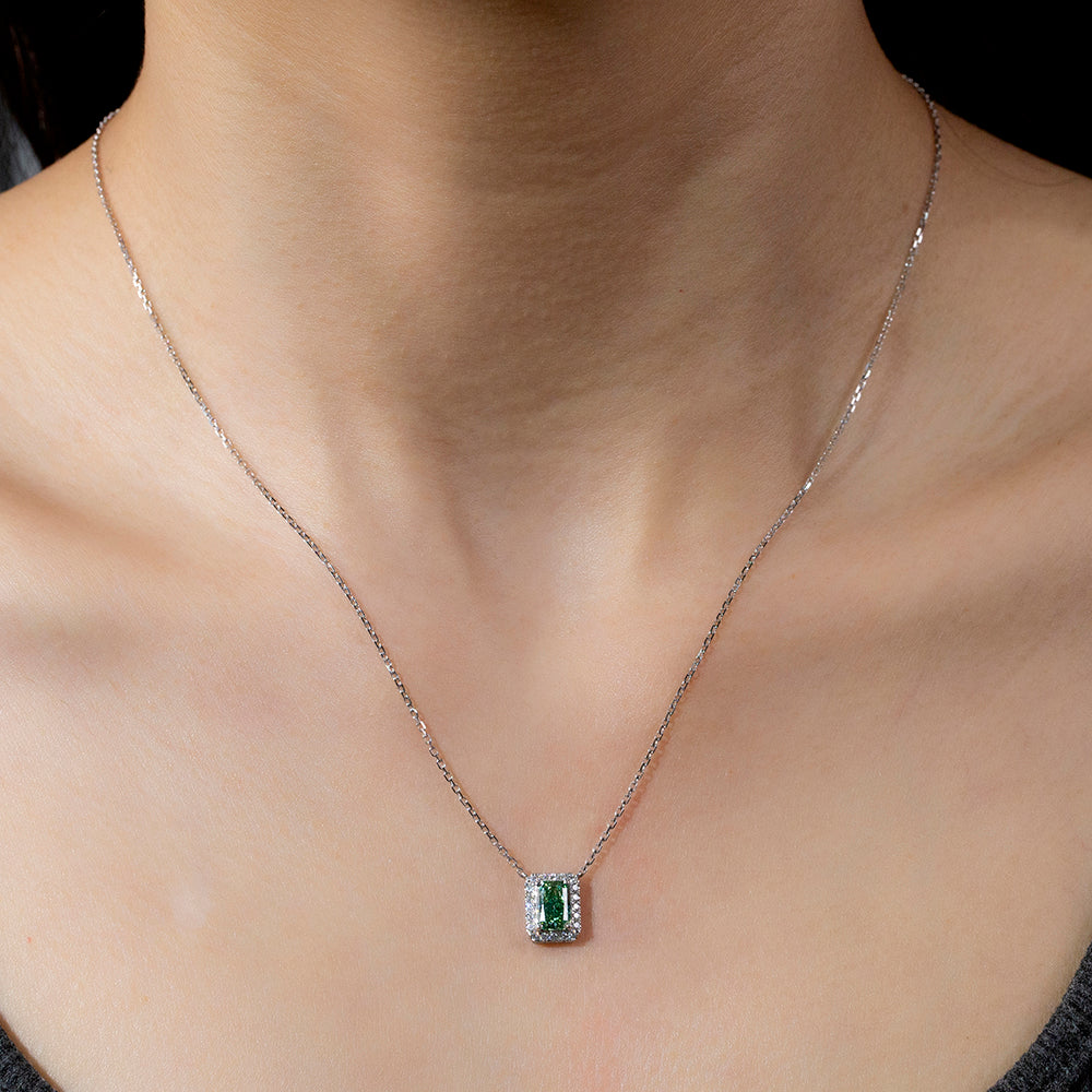 0.669ct Fancy Green Radiant Cut Lab Grown Diamond Necklace – 9K White Gold with Diamond Halo