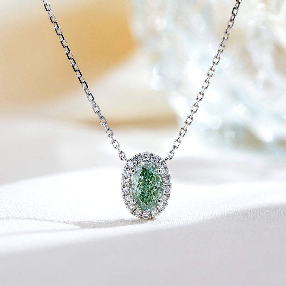 0.823ct Fancy Green Radiant Cut Lab Grown Diamond Necklace – 9K White Gold with Diamond Halo